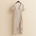 V NECK SHORT SLEEVE TIE WAIST DRESS