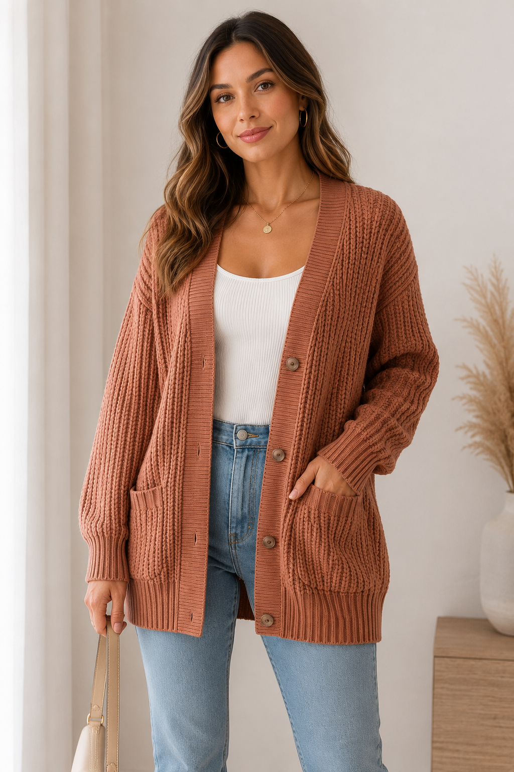WAFFLE KNIT OPEN FRONT CARDIGAN
