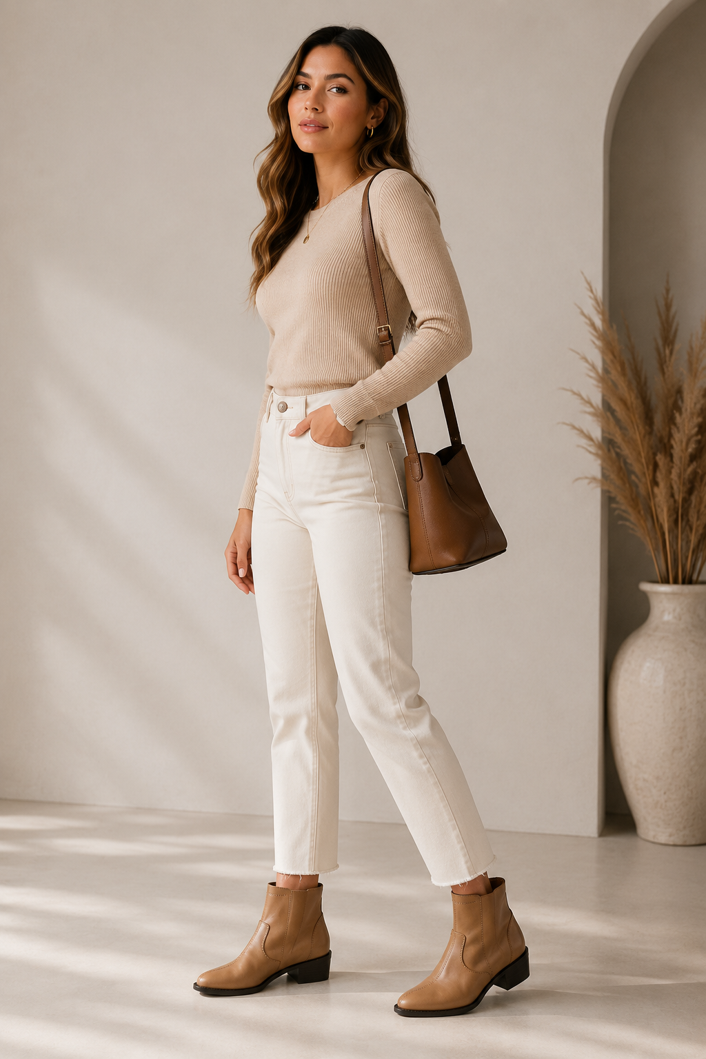 A woman stands in a bright, minimalist room wearing a beige long-sleeve top, white cropped jeans, and tan ankle boots, with a brown shoulder bag slung over her arm.
