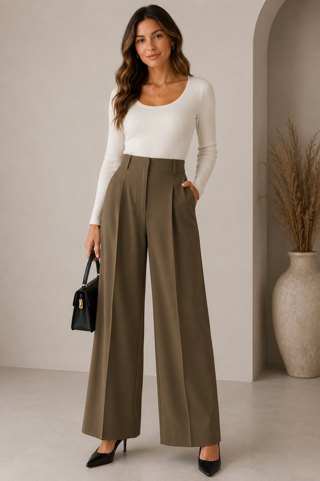 A woman models a pair of high-waisted, wide-leg olive green trousers paired with a white long-sleeve top and black heels, standing in a minimalist beige room with a large vase of dried grass.